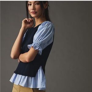 By Anthropologie Layered Poplin-Sleeve Sweater size 1X blue color NEW nwt